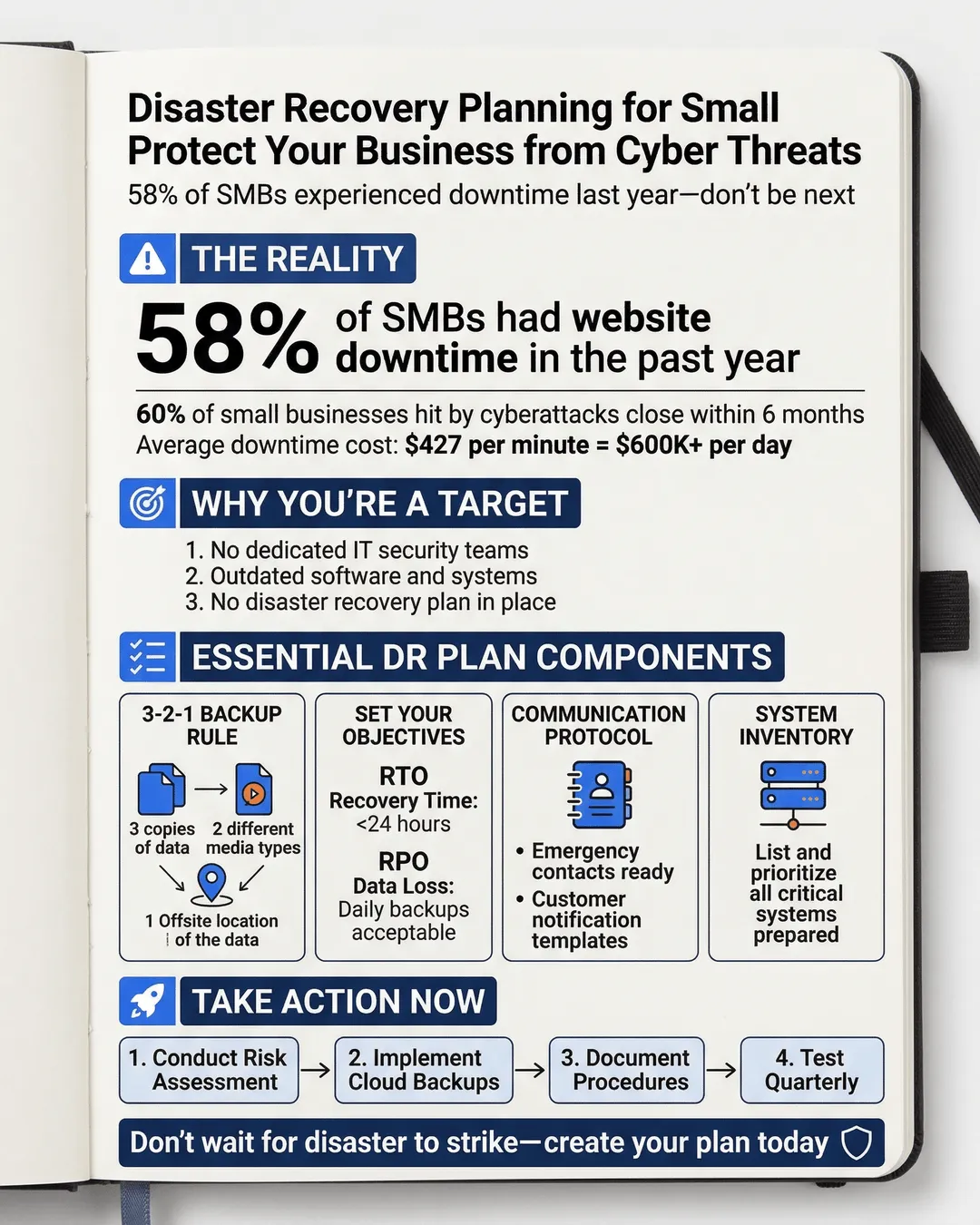 Business owner reviewing disaster recovery checklist on laptop while backup servers run in background of modern office