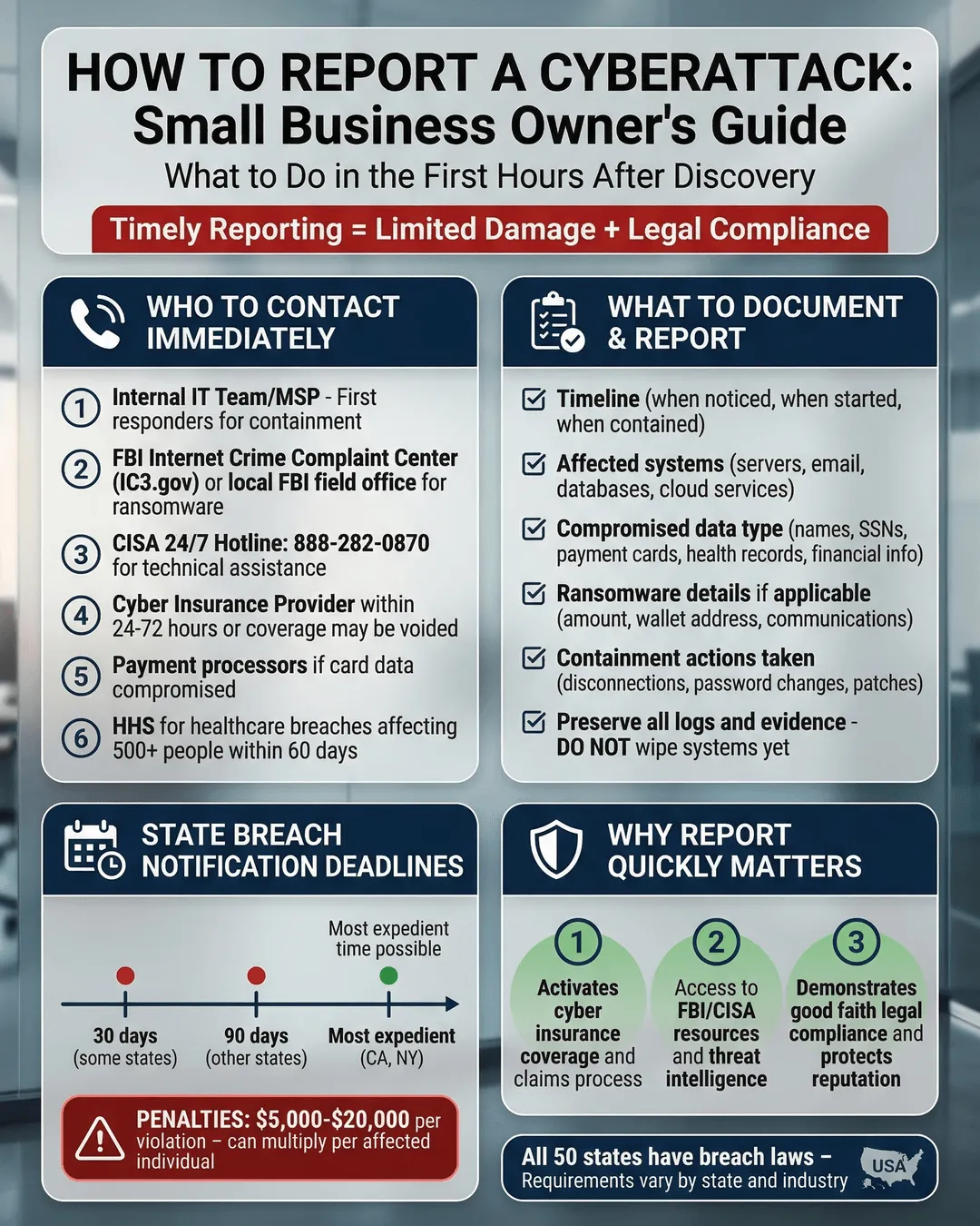 Business owner on phone at desk with computer screen showing security alert notification and incident response checklist