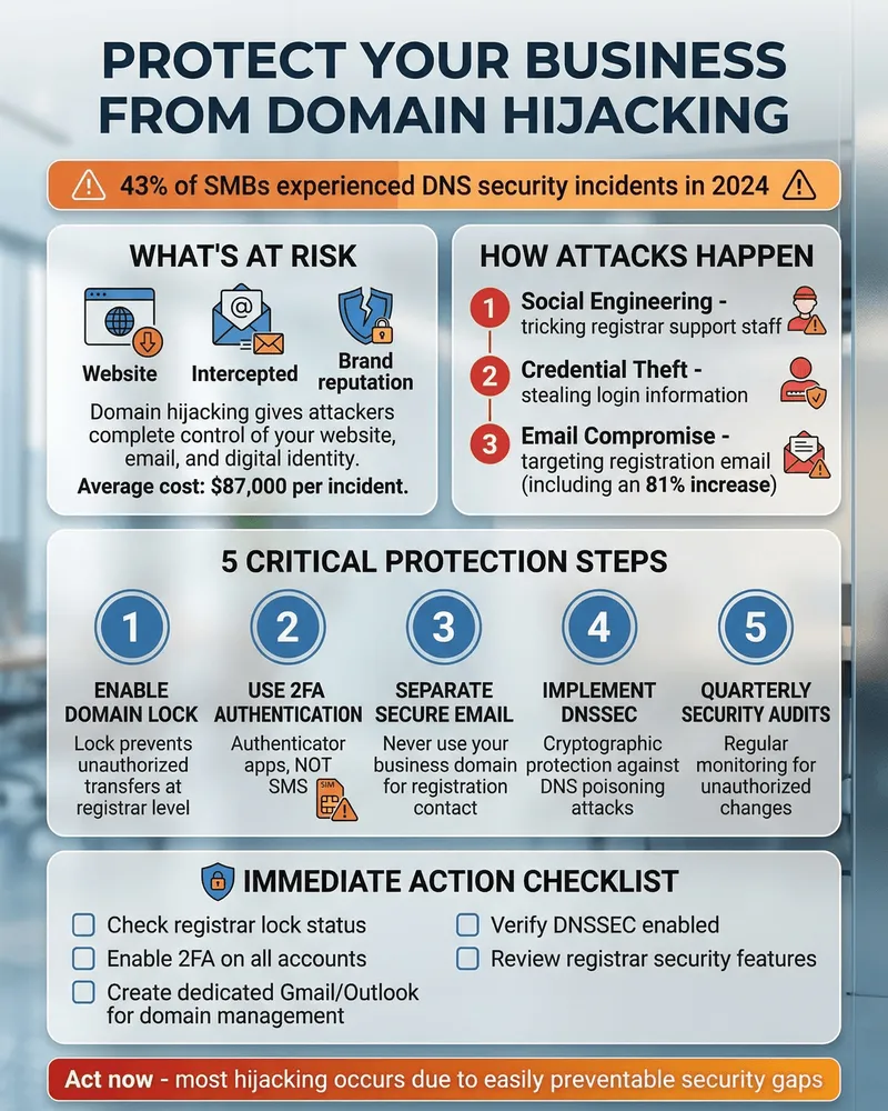 Business owner reviewing security settings on a computer screen showing domain registrar dashboard with lock icons and two-factor authentication enabled.